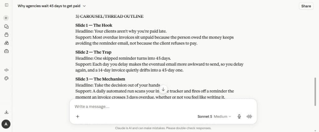 Claude interface showing three repurposed social formats generated from one blog article