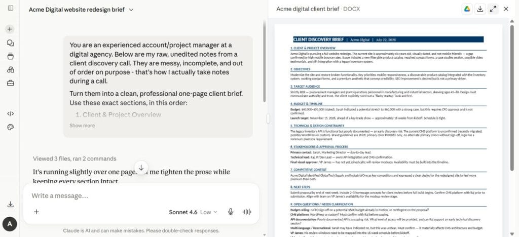 Claude interface showing brief writing prompt on the left and structured nine-section client brief output on the right
