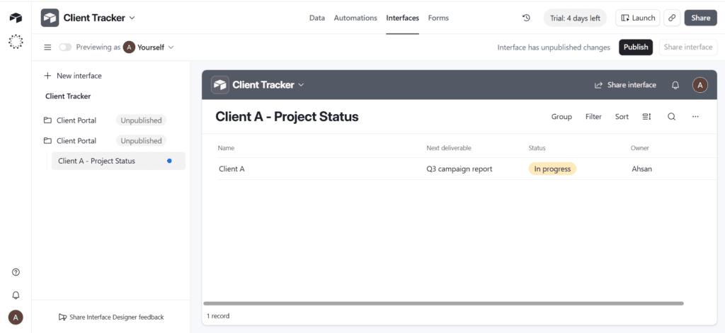 Airtable Interface Designer showing a 4-day trial banner for the client portal feature
