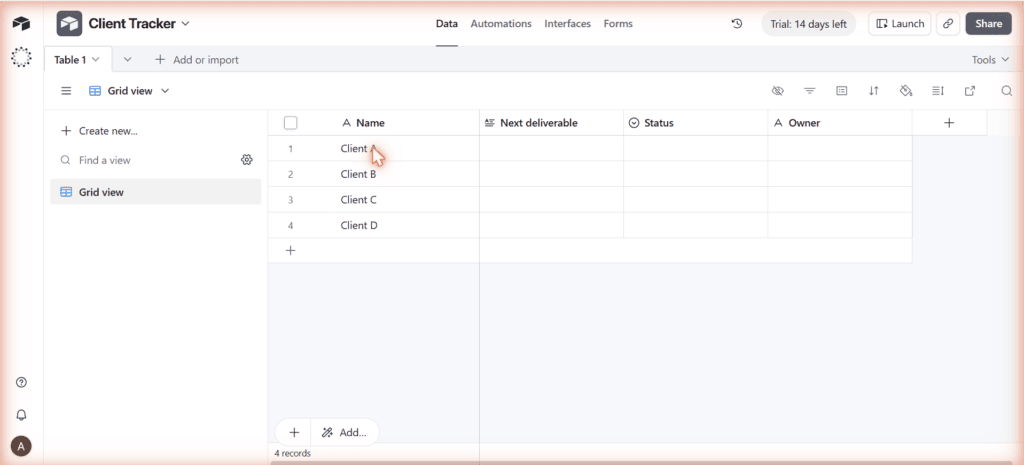 Airtable client tracker grid view with four client records
