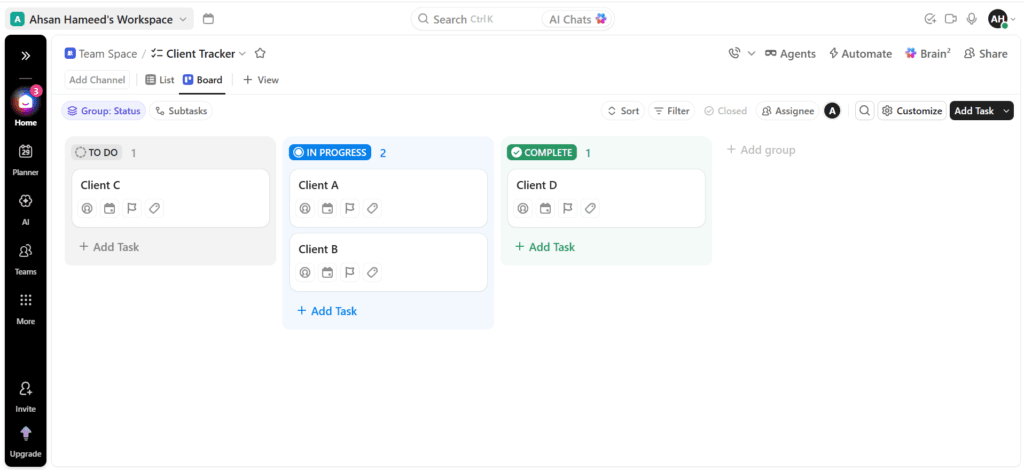 ClickUp board view grouped by status showing four client cards with no field-level privacy controls
