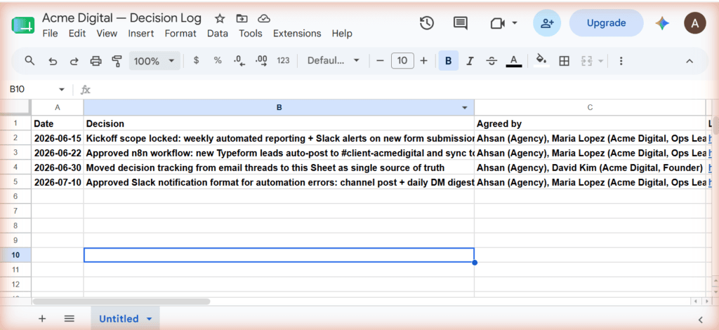 Google Sheets client decision log with date, decision, agreed-by and link columns
