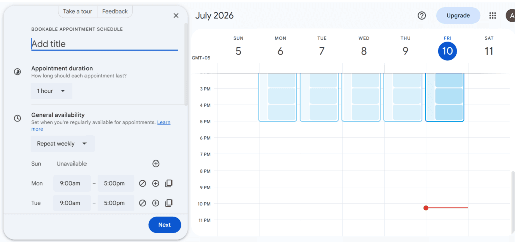Google Calendar bookable appointment schedule settings included with Google Workspace