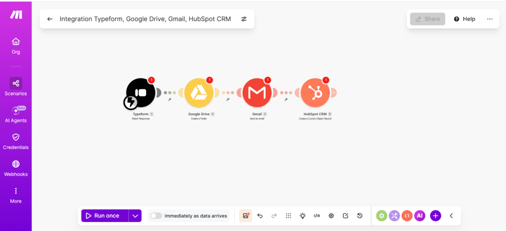 Make.com scenario with Typeform, Google Drive, Gmail and HubSpot modules