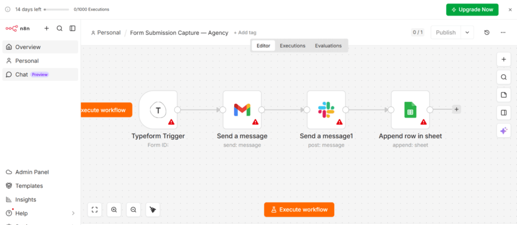 n8n workflow with four connected nodes