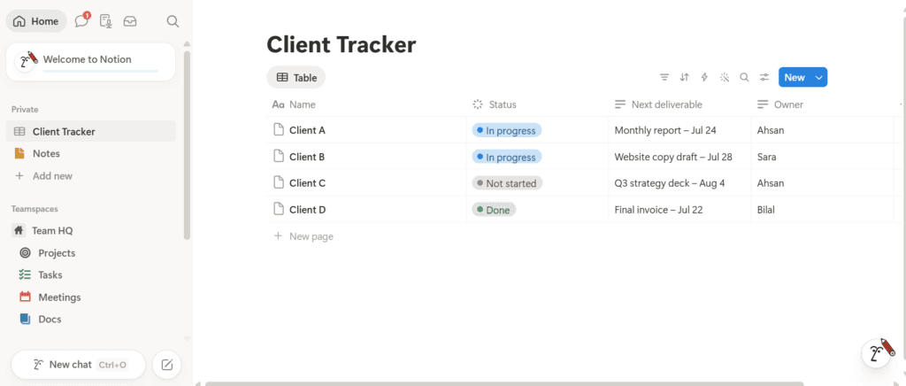 Notion client tracker database with status, next deliverable and owner columns
