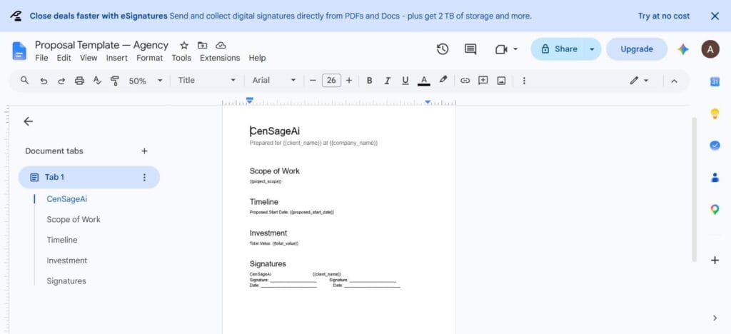Google Docs proposal template with merge field variables for client name, company, scope, value and start date