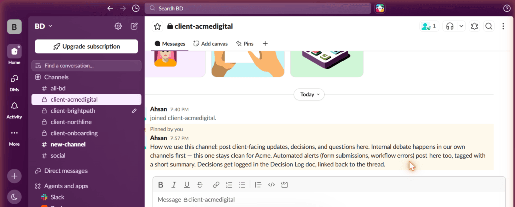 Slack sidebar showing per-client channel naming convention with pinned usage note
