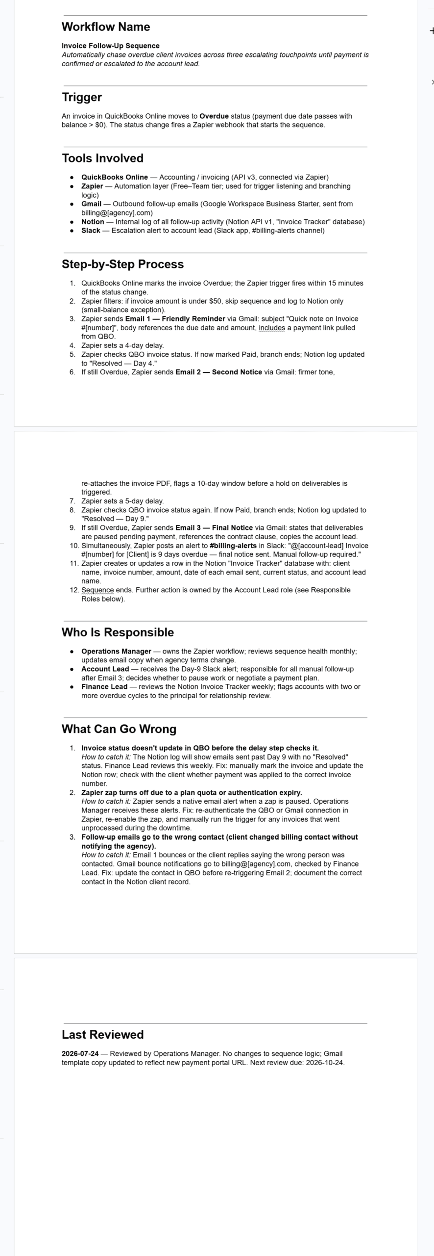 completed agency workflow documentation template in Google Docs showing all seven fields filled in for an invoice follow-up sequence