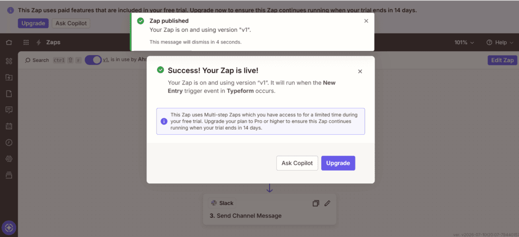 Zapier notice showing multi-step Zaps limited to 14-day trial on the free plan