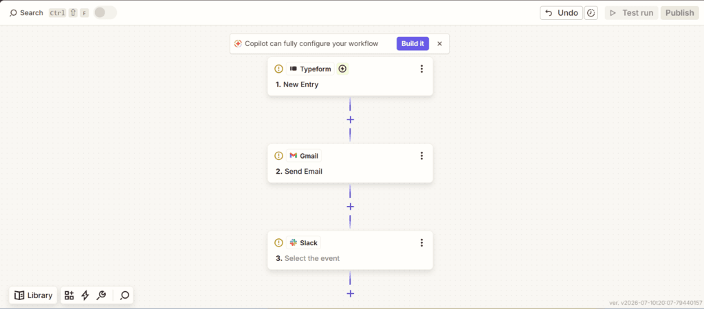 three-step Zap in Zapier's editor with Typeform, Gmail and Slack
