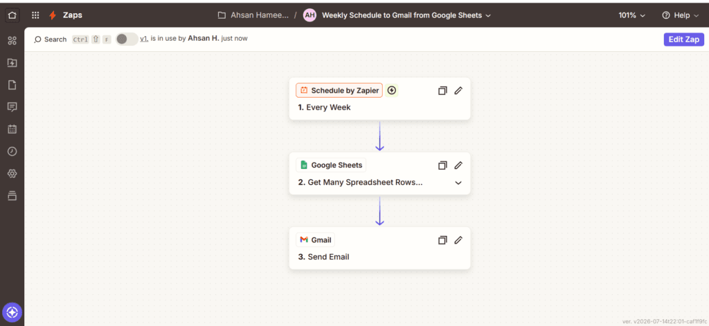 Zapier weekly reporting Zap with Schedule, Google Sheets and Gmail steps
