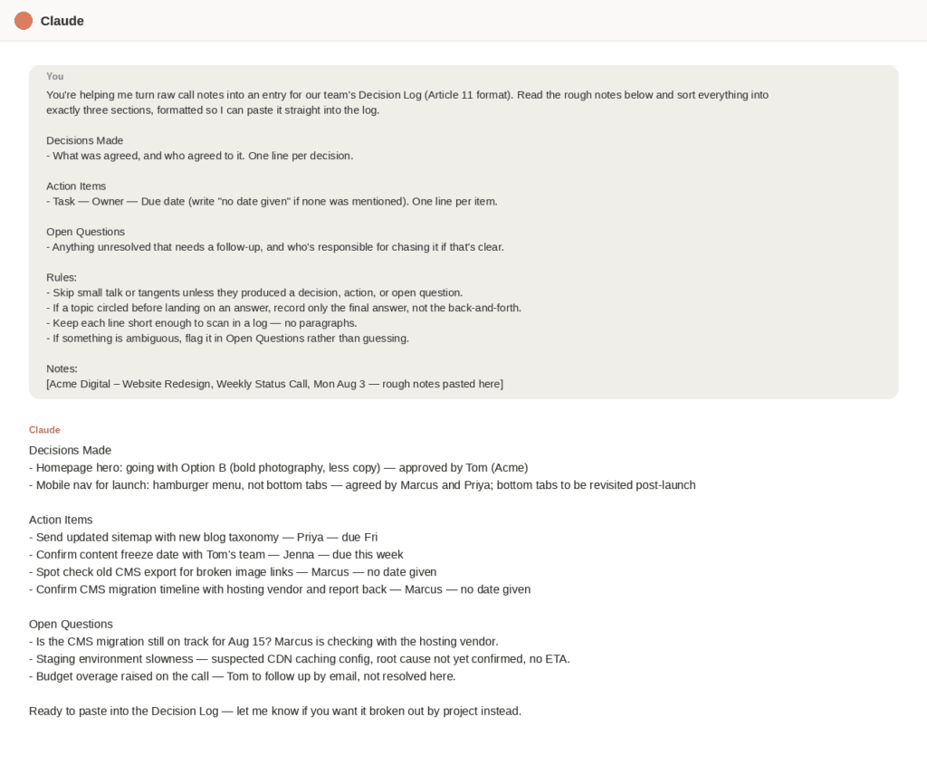 Claude interface showing meeting notes prompt and three-category output of decisions, action items and open questions

