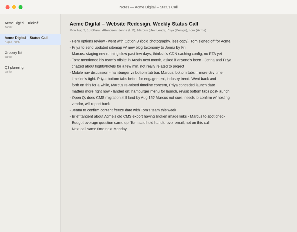raw weekly status call notes for Acme Digital website redesign showing decisions, action items and a tangent
