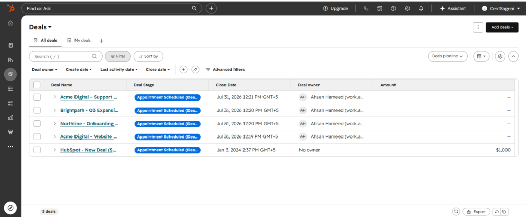 HubSpot free CRM deals view with agency deals and upgrade button