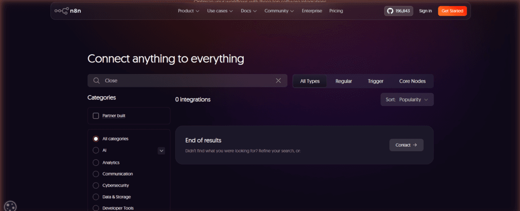 n8n integrations search for Close returning zero results
