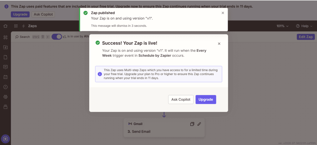 Zapier notice showing multi-step Zap running on remaining trial days
