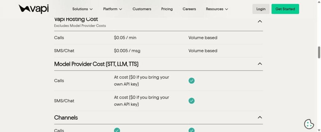 Vapi's own pricing page — BYOK calls priced "at cost ($0 if you bring your own API key)"