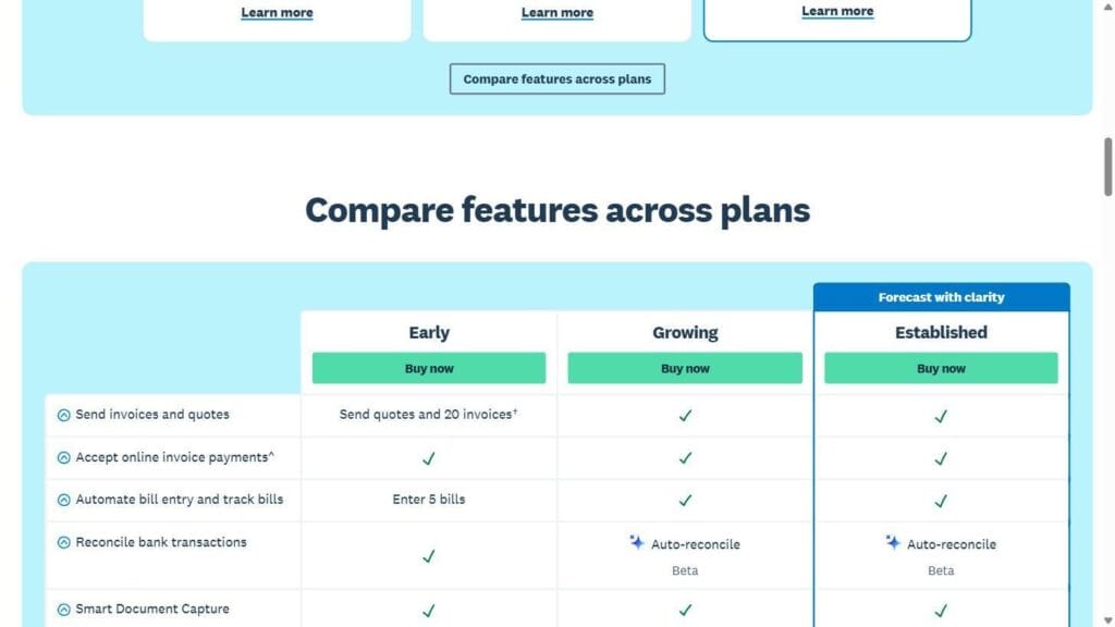 Xero feature and invoice/bill cap comparison across tiers