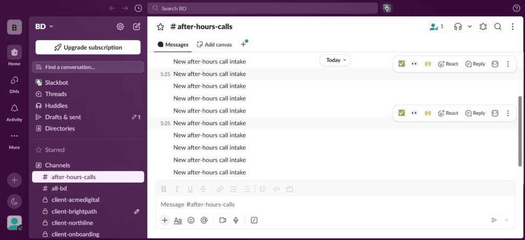 Slack #after-hours-calls — message delivered, static text pending dynamic mapping