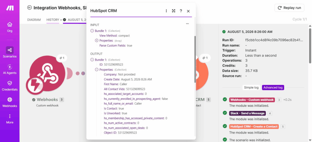 Make's HubSpot module output — Contact created, placeholder field values