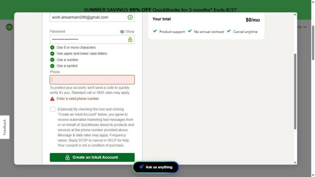 QuickBooks free-tier signup