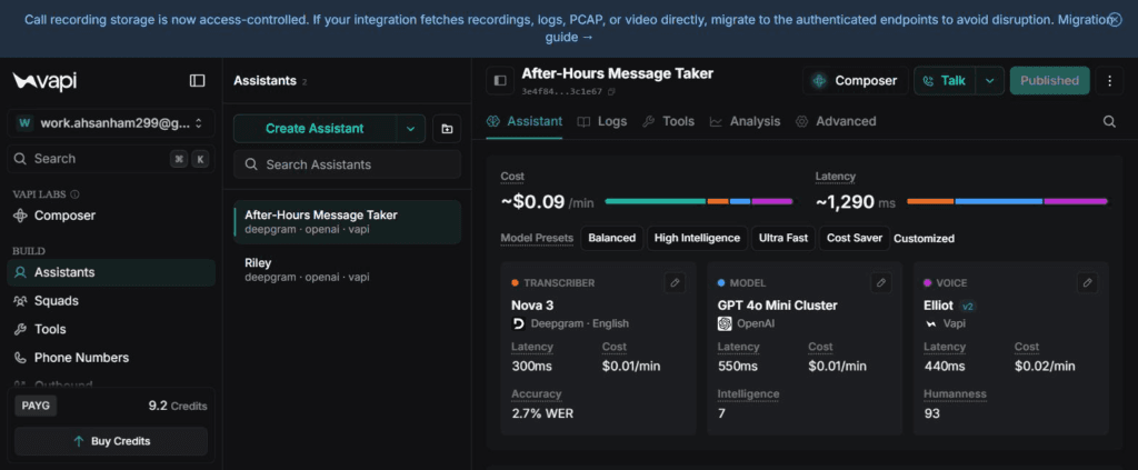 Vapi assistant config and per-minute cost card — Nova 3, GPT-4o Mini, Elliot v2
