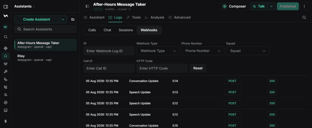 Vapi webhook delivery log — HTTP 200