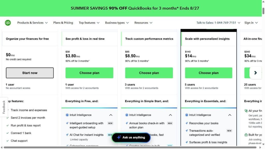 QuickBooks Online live pricing