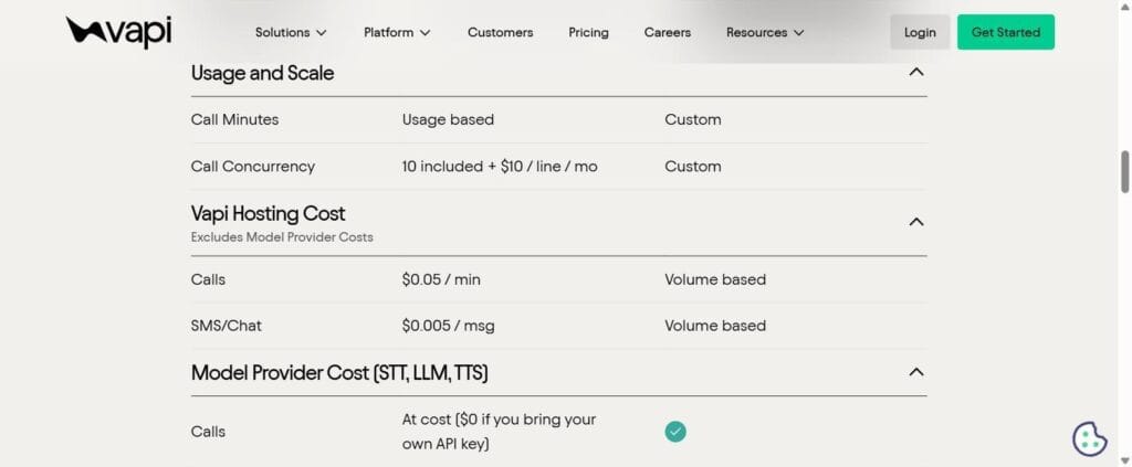 Vapi's pricing page — the "Vapi Hosting Cost" line, separate from model provider costs