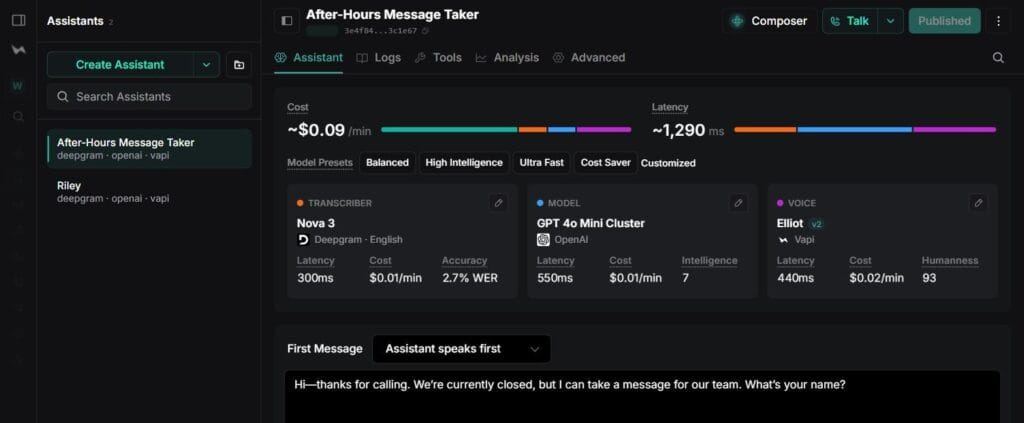 The same assistant from Article 26 — $0.09/min total, itemized stack shown below it