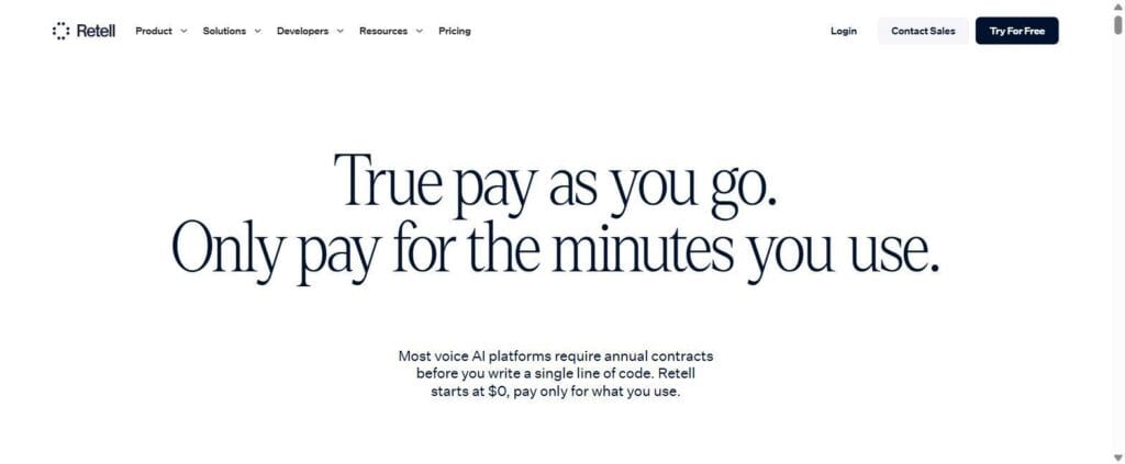 Retell's pricing page — "true pay as you go," no annual contract required