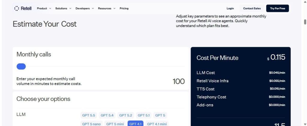 Retell's live public cost calculator