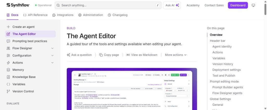 Synthflow's own docs — the Agent Editor, prompt panel and global settings