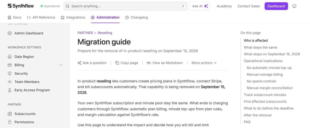 Synthflow's own migration guide — in-product reselling removal date, confirmed