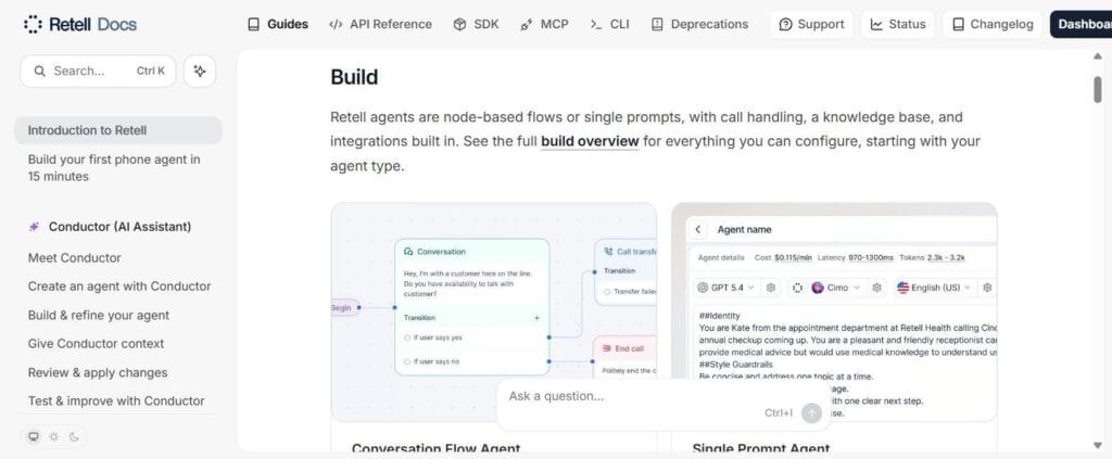 Retell's own docs — Conversation Flow and Single Prompt Agent views, live cost/latency/token stats