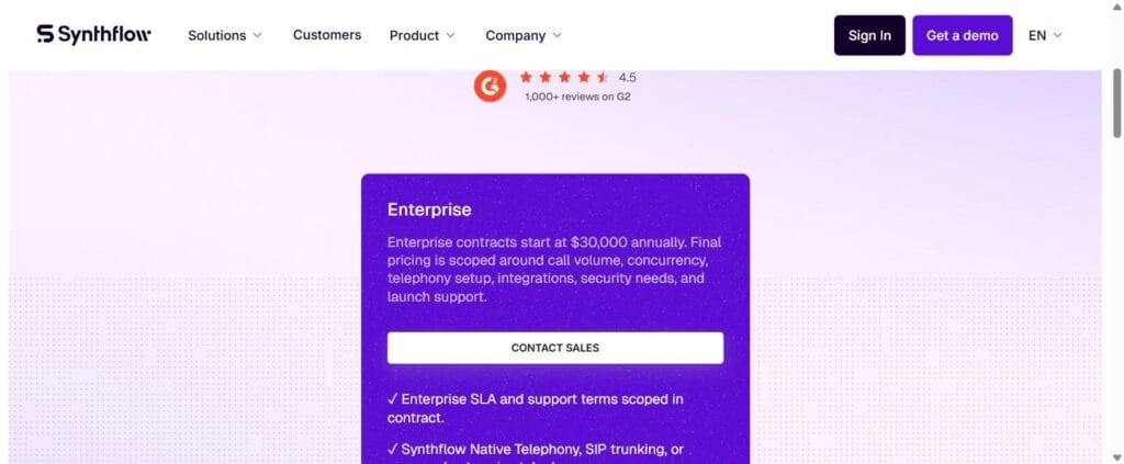 Synthflow's pricing page — the confirmed Enterprise card, $30,000/year