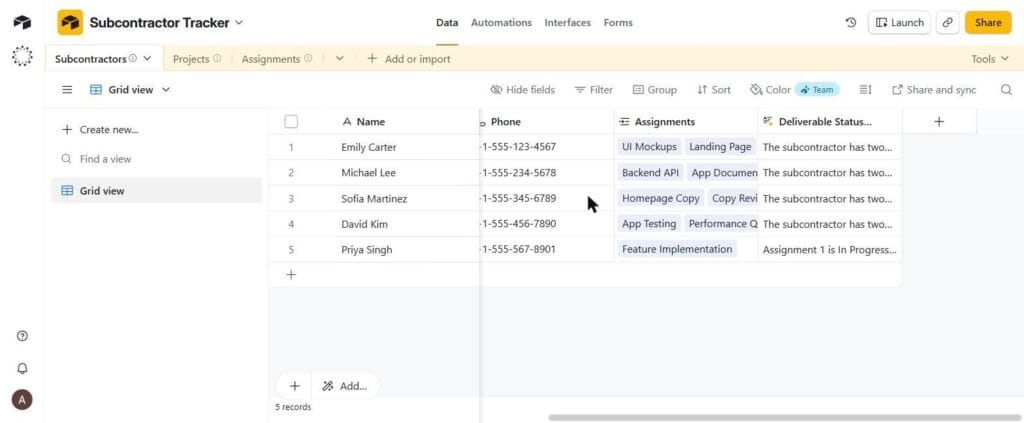 The Subcontractors table, linked to Assignments