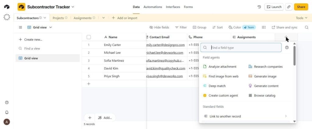 Adding a field — the Field agents category, including "Create custom agent"