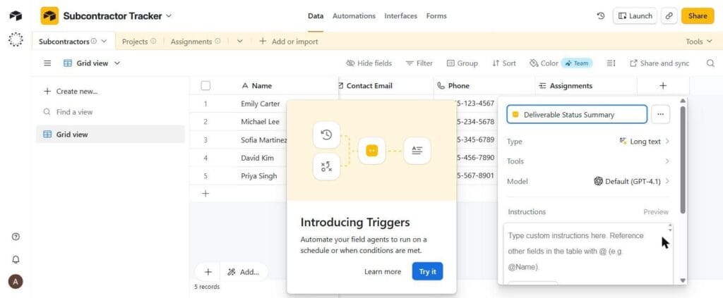 The field agent configuration panel
