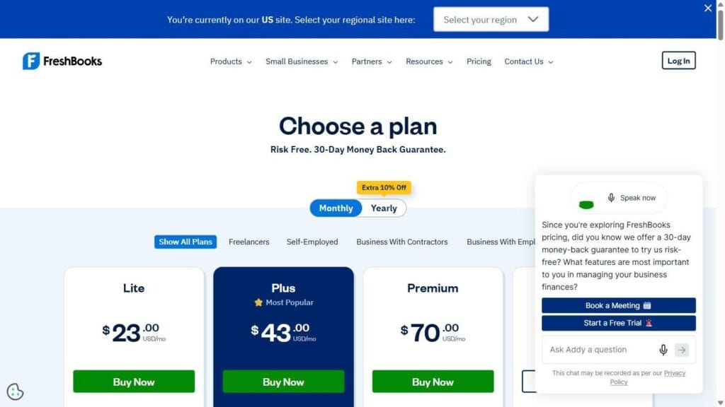 FreshBooks live pricing page