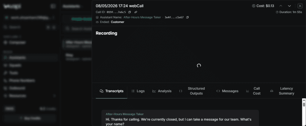 Live test call — 1m55s, $0.13, ended cleanly by the caller