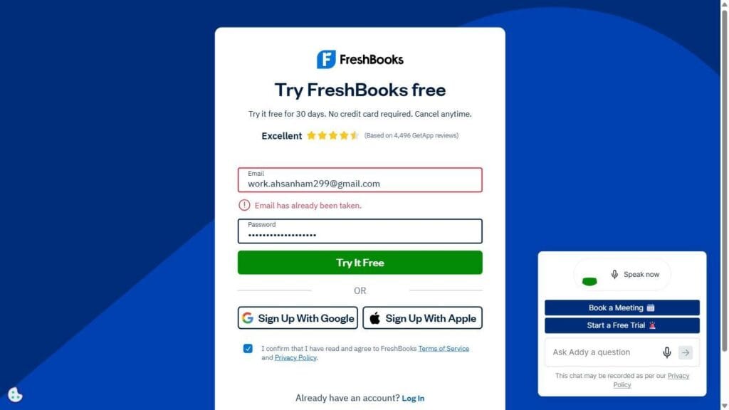 FreshBooks trial signup